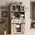 72 Inch Farmhouse Bar Cabinet with Sliding Barn Door, Washed Gray Finish Sideboard with 3 Drawers and Wine Storage, Multi-Purpose Storage Hutch