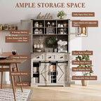 72 Inch Farmhouse Bar Cabinet with Sliding Barn Door, Washed Gray Finish Sideboard with 3 Drawers and Wine Storage, Multi-Purpose Storage Hutch