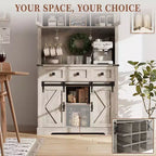 72 Inch Farmhouse Bar Cabinet with Sliding Barn Door, Washed Gray Finish Sideboard with 3 Drawers and Wine Storage, Multi-Purpose Storage Hutch
