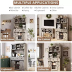 72 Inch Farmhouse Bar Cabinet with Sliding Barn Door, Washed Gray Finish Sideboard with 3 Drawers and Wine Storage, Multi-Purpose Storage Hutch