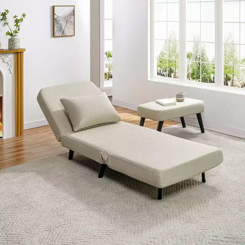 3-in-1 Foldable Linen Chaise Lounge, Accent Chair with Footrest, Detachable Pillow, Adjustable Backrest, Convertible Sofa Bed for Living Room