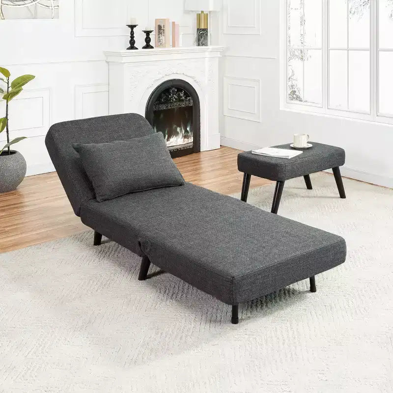3-in-1 Foldable Linen Chaise Lounge, Accent Chair with Footrest, Detachable Pillow, Adjustable Backrest, Convertible Sofa Bed for Living Room