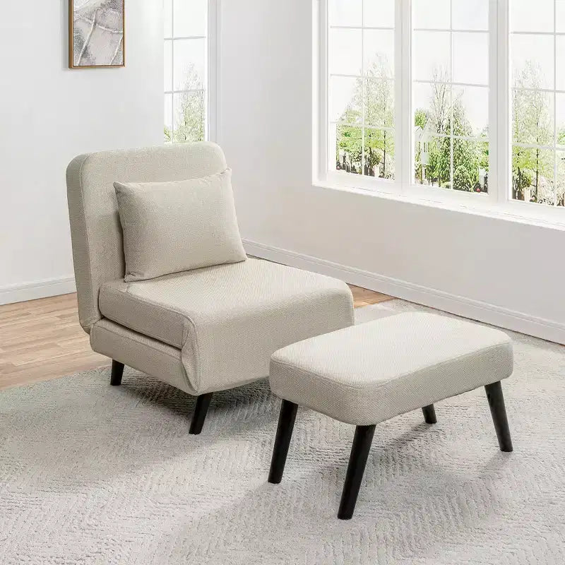 3-in-1 Foldable Linen Chaise Lounge, Accent Chair with Footrest, Detachable Pillow, Adjustable Backrest, Convertible Sofa Bed for Living Room