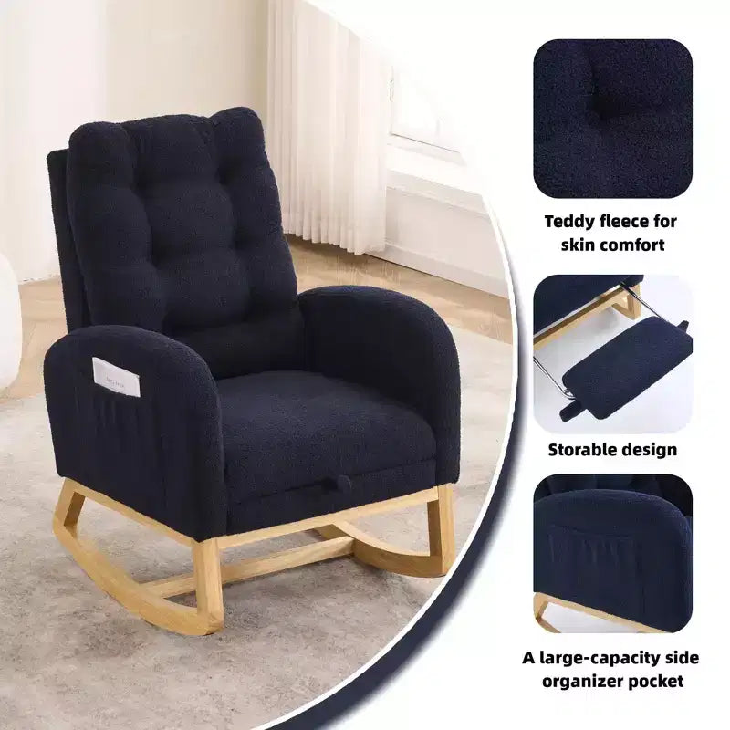 Accent Rocking Chair, High Back Rocker with Footrest, Rubber Wood Legs, Storage Pocket, Upholstered Chair for Living Room, Bedroom, Nursery