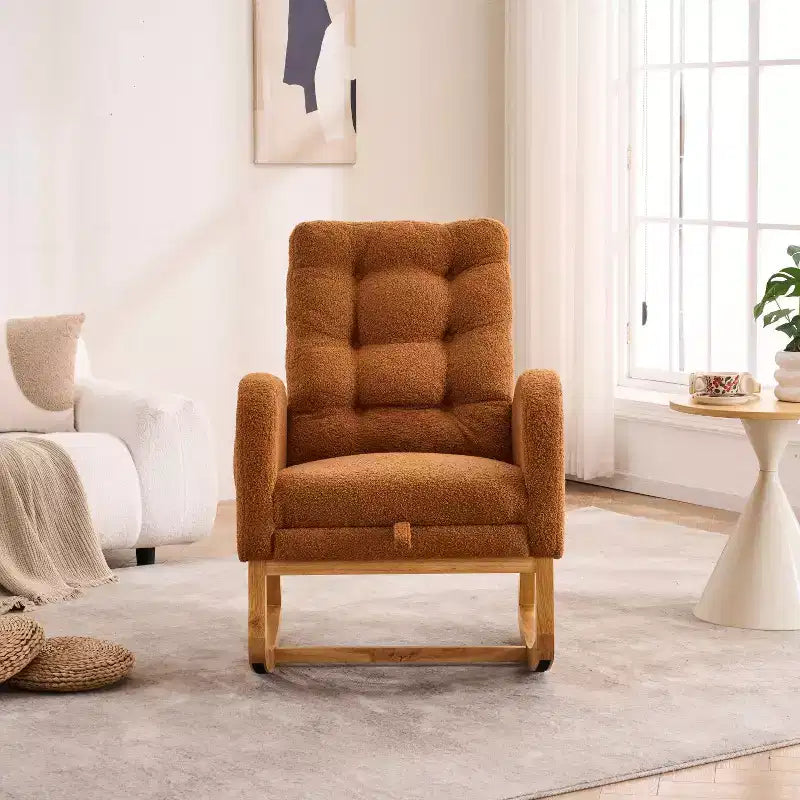 Accent Rocking Chair, High Back Rocker with Footrest, Rubber Wood Legs, Storage Pocket, Upholstered Chair for Living Room, Bedroom, Nursery