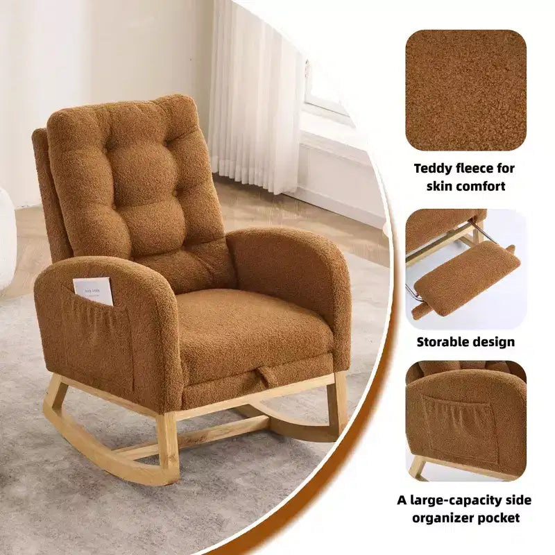 Accent Rocking Chair, High Back Rocker with Footrest, Rubber Wood Legs, Storage Pocket, Upholstered Chair for Living Room, Bedroom, Nursery