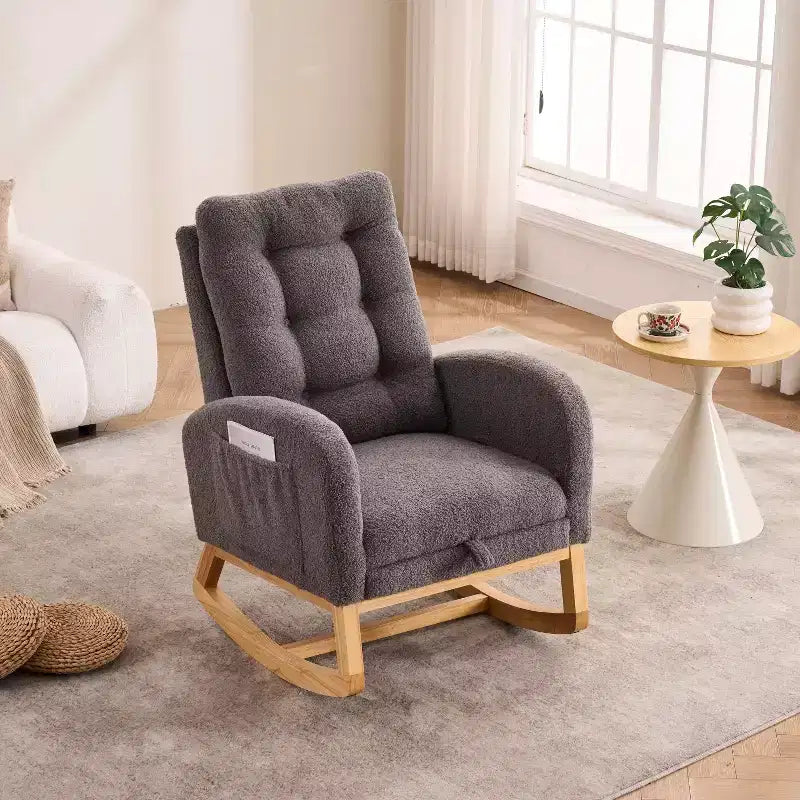 Accent Rocking Chair, High Back Rocker with Footrest, Rubber Wood Legs, Storage Pocket, Upholstered Chair for Living Room, Bedroom, Nursery