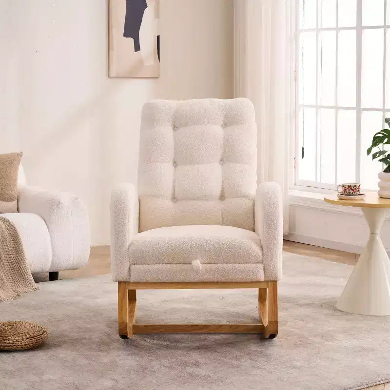 Accent Rocking Chair, High Back Rocker with Footrest, Rubber Wood Legs, Storage Pocket, Upholstered Chair for Living Room, Bedroom, Nursery
