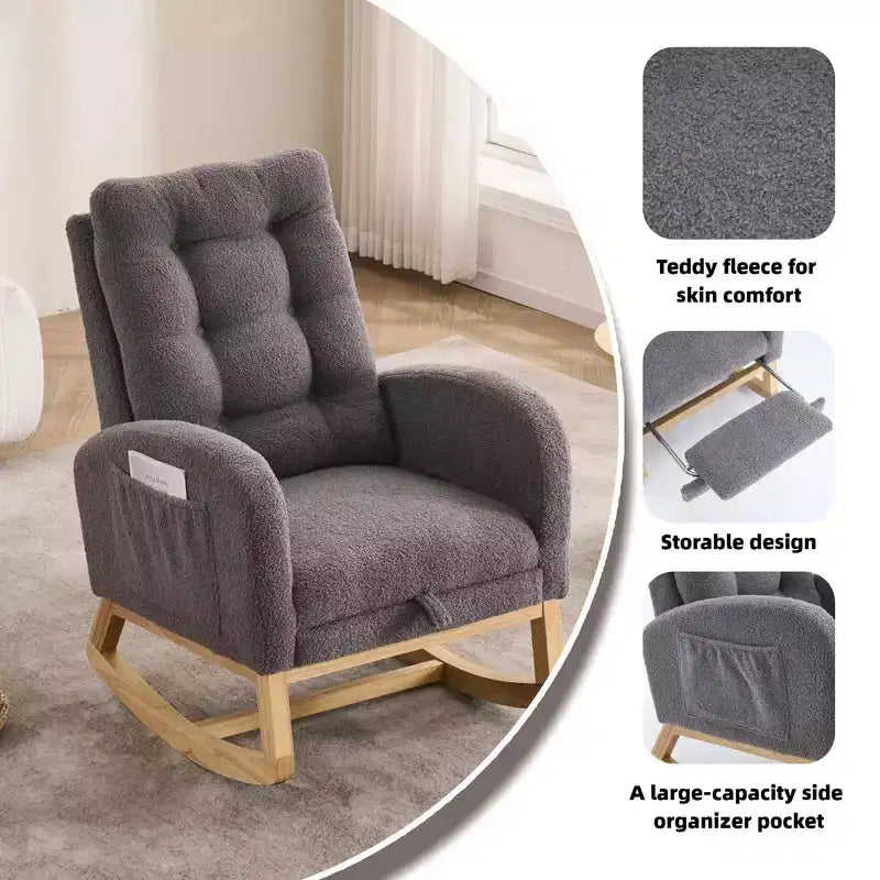 Accent Rocking Chair, High Back Rocker with Footrest, Rubber Wood Legs, Storage Pocket, Upholstered Chair for Living Room, Bedroom, Nursery