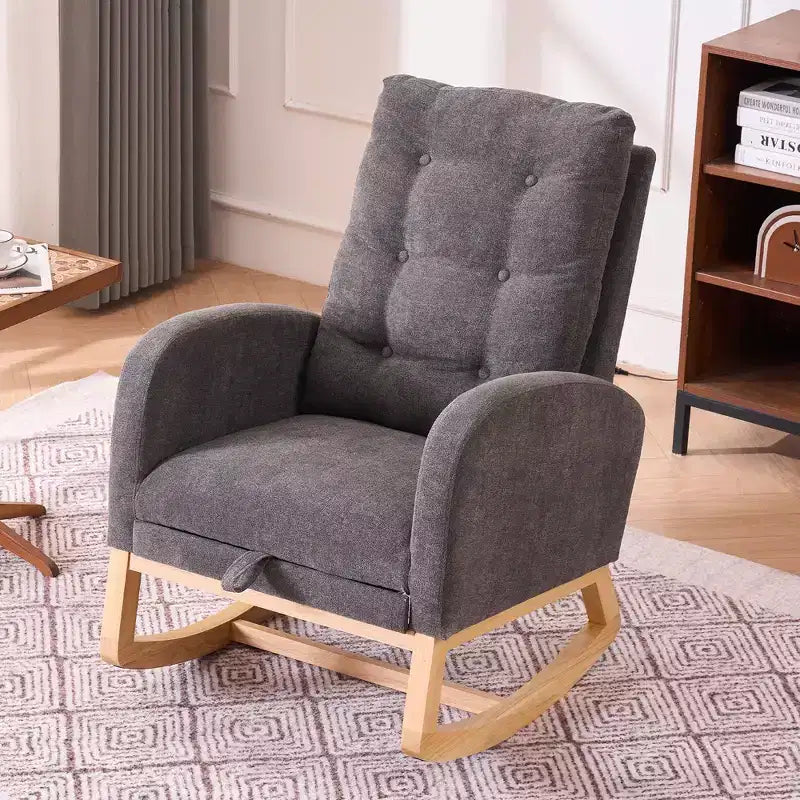 Accent Rocking Chair, High Back Rocker with Footrest, Rubber Wood Legs, Storage Pocket, Upholstered Chair for Living Room, Bedroom, Nursery