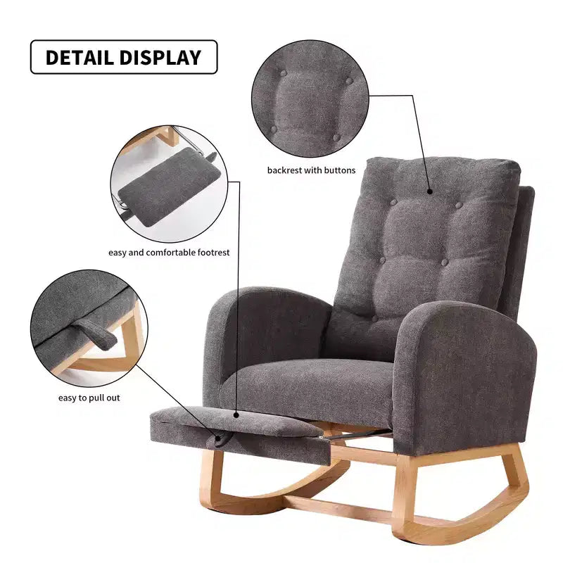 Accent Rocking Chair, High Back Rocker with Footrest, Rubber Wood Legs, Storage Pocket, Upholstered Chair for Living Room, Bedroom, Nursery