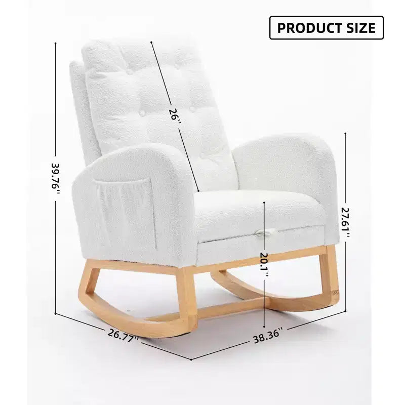 Accent Rocking Chair, High Back Rocker with Footrest, Rubber Wood Legs, Storage Pocket, Upholstered Chair for Living Room, Bedroom, Nursery