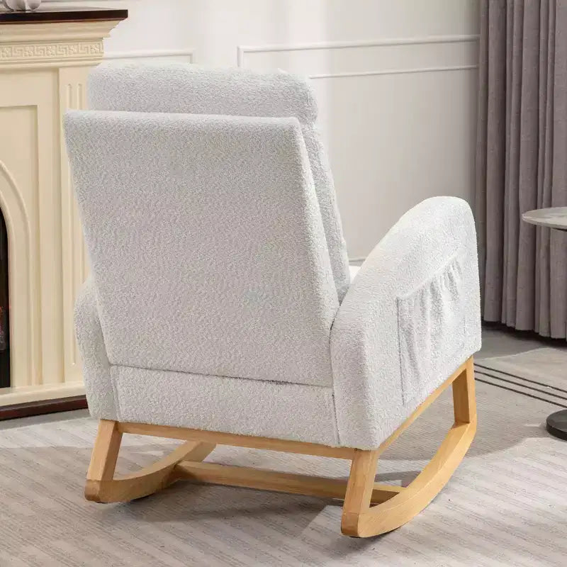 Accent Rocking Chair, High Back Rocker with Footrest, Rubber Wood Legs, Storage Pocket, Upholstered Chair for Living Room, Bedroom, Nursery