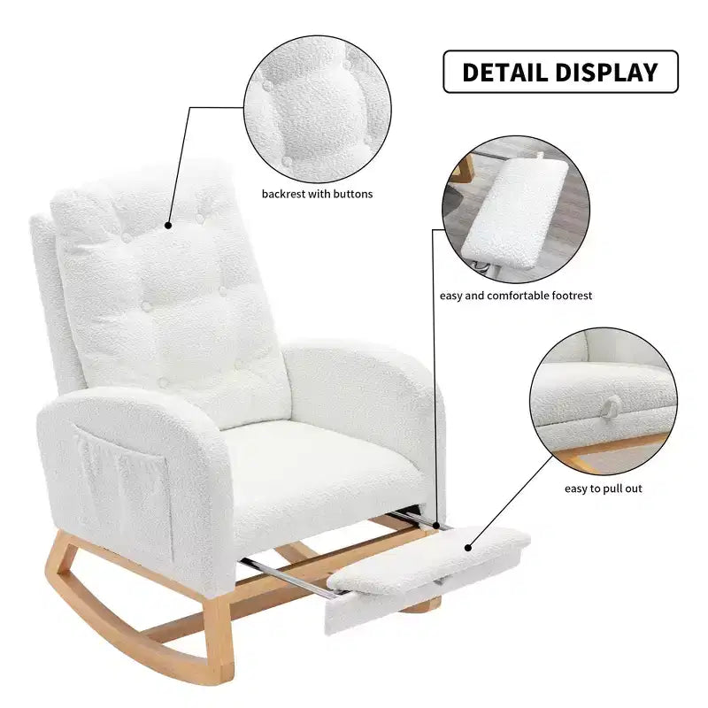 Accent Rocking Chair, High Back Rocker with Footrest, Rubber Wood Legs, Storage Pocket, Upholstered Chair for Living Room, Bedroom, Nursery