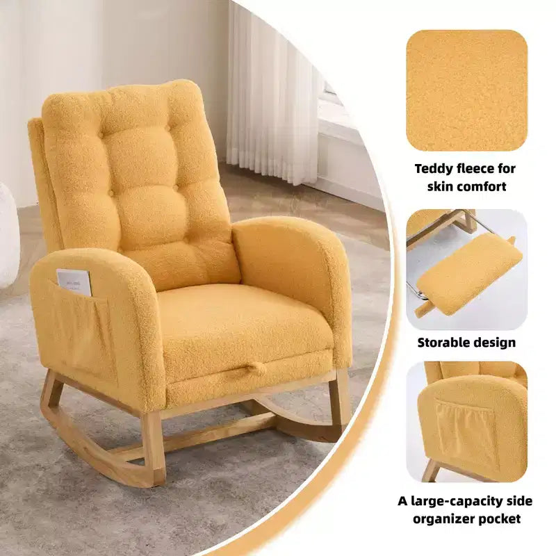 Accent Rocking Chair, High Back Rocker with Footrest, Rubber Wood Legs, Storage Pocket, Upholstered Chair for Living Room, Bedroom, Nursery