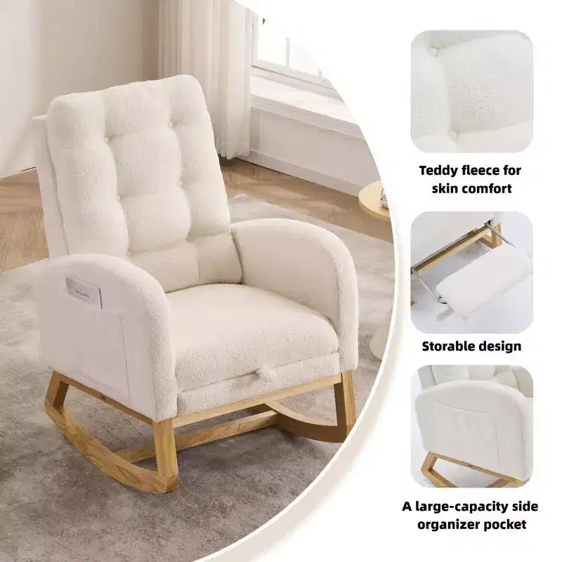 Accent Rocking Chair, High Back Rocker with Footrest, Rubber Wood Legs, Storage Pocket, Upholstered Chair for Living Room, Bedroom, Nursery