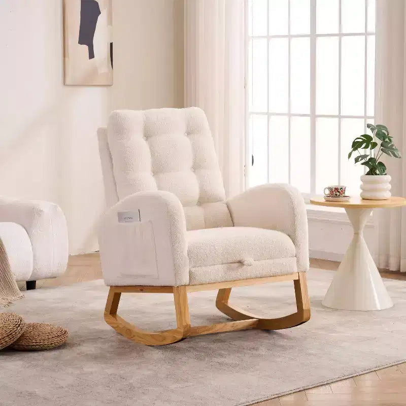 Accent Rocking Chair, High Back Rocker with Footrest, Rubber Wood Legs, Storage Pocket, Upholstered Chair for Living Room, Bedroom, Nursery
