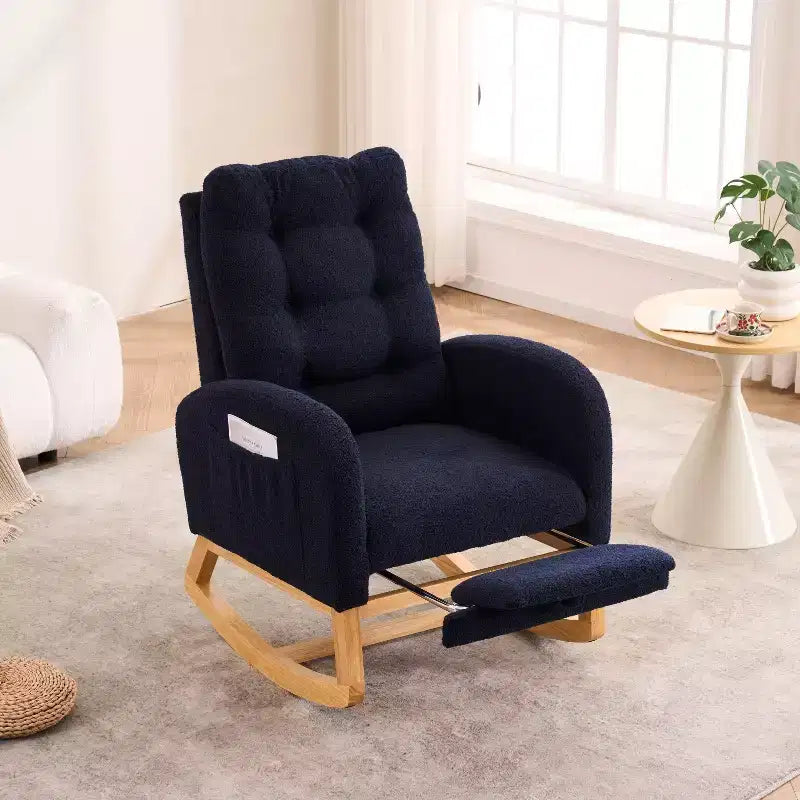 Accent Rocking Chair, High Back Rocker with Footrest, Rubber Wood Legs, Storage Pocket, Upholstered Chair for Living Room, Bedroom, Nursery