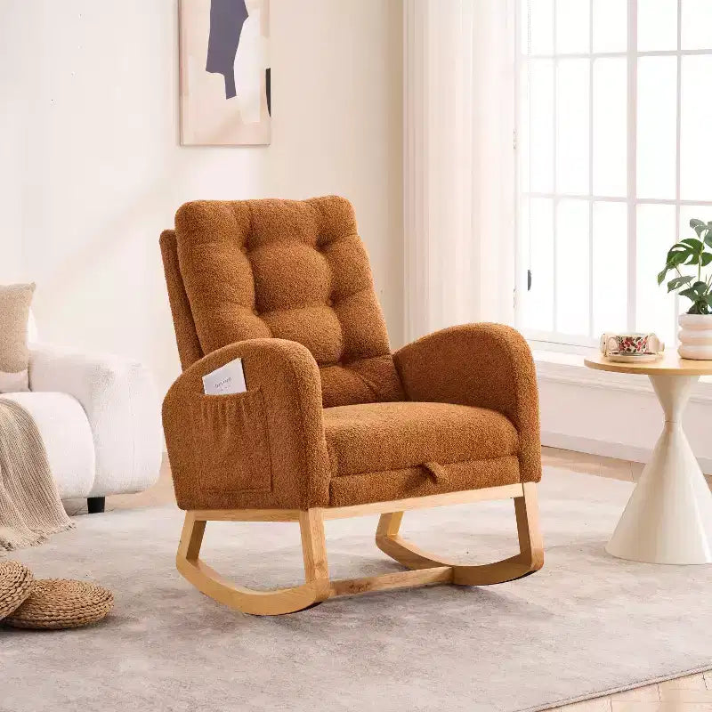 Accent Rocking Chair, High Back Rocker with Footrest, Rubber Wood Legs, Storage Pocket, Upholstered Chair for Living Room, Bedroom, Nursery
