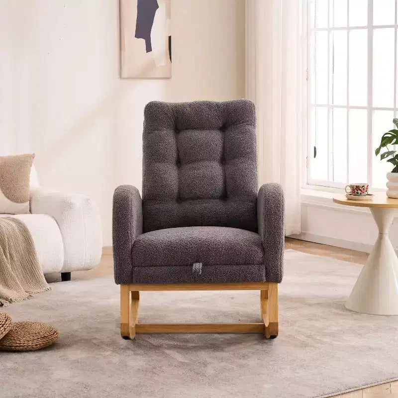 Accent Rocking Chair, High Back Rocker with Footrest, Rubber Wood Legs, Storage Pocket, Upholstered Chair for Living Room, Bedroom, Nursery