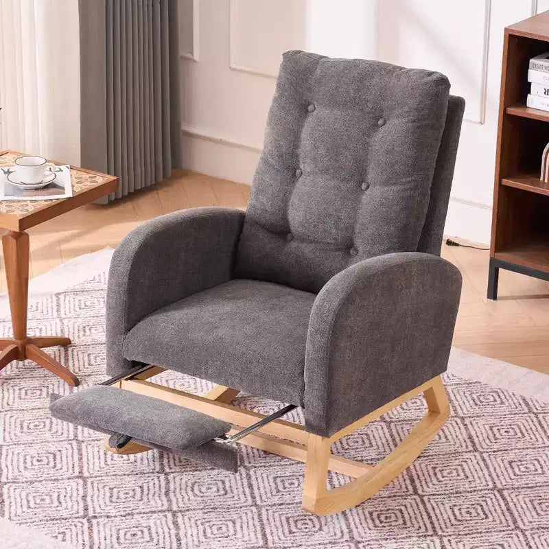 Accent Rocking Chair, High Back Rocker with Footrest, Rubber Wood Legs, Storage Pocket, Upholstered Chair for Living Room, Bedroom, Nursery