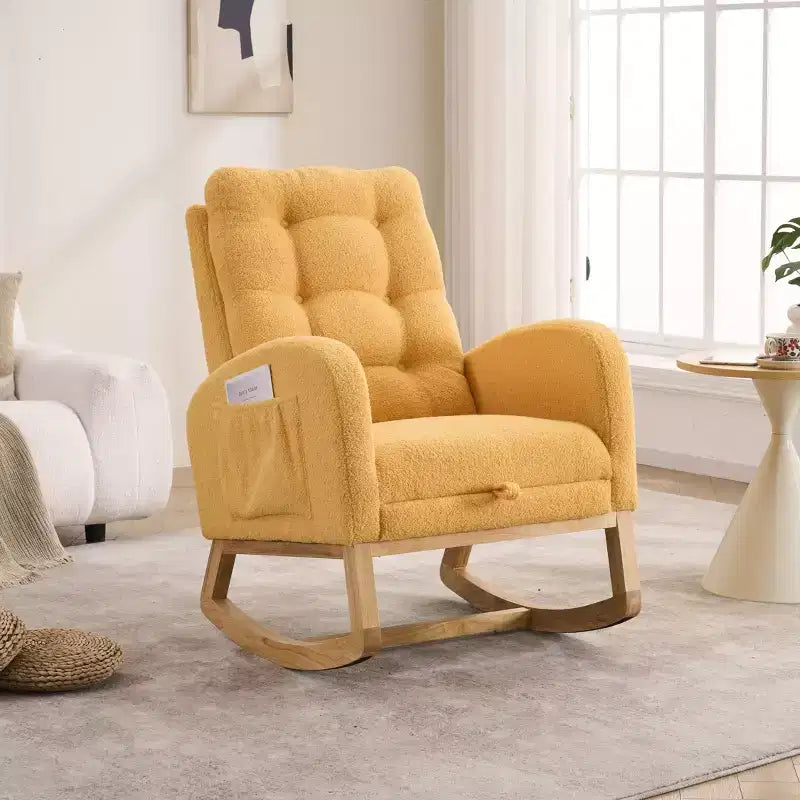 Accent Rocking Chair, High Back Rocker with Footrest, Rubber Wood Legs, Storage Pocket, Upholstered Chair for Living Room, Bedroom, Nursery