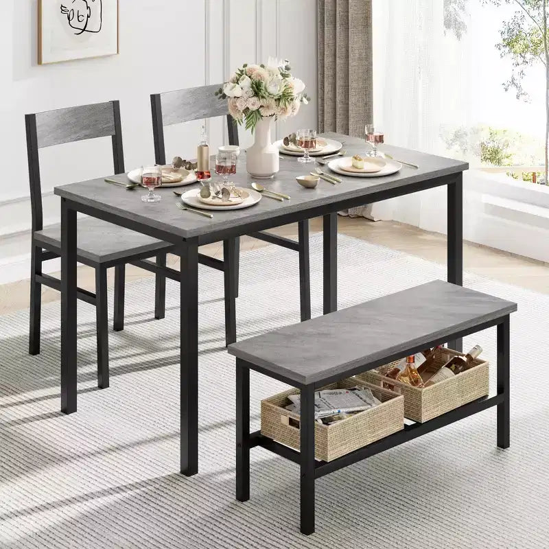 Dining Table and Chairs Set of 4, Kitchen Table and 2 Chairs for 4 with Bench, Metal Frame Dining Room Set Gray