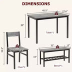 Dining Table and Chairs, Kitchen Table and 2 Chairs for 4 with Bench, Metal Frame Dining Room Gray