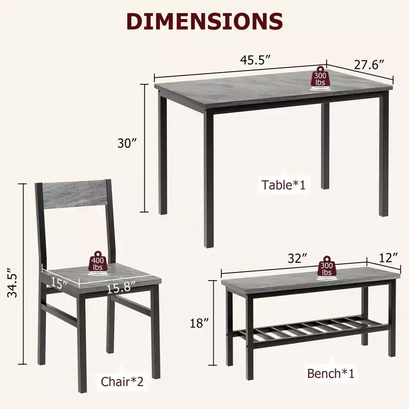 Dining Table and Chairs, Kitchen Table and 2 Chairs for 4 with Bench, Metal Frame Dining Room Gray