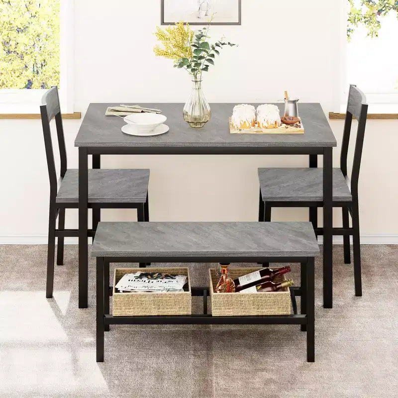 Dining Table and Chairs, Kitchen Table and 2 Chairs for 4 with Bench, Metal Frame Dining Room Gray