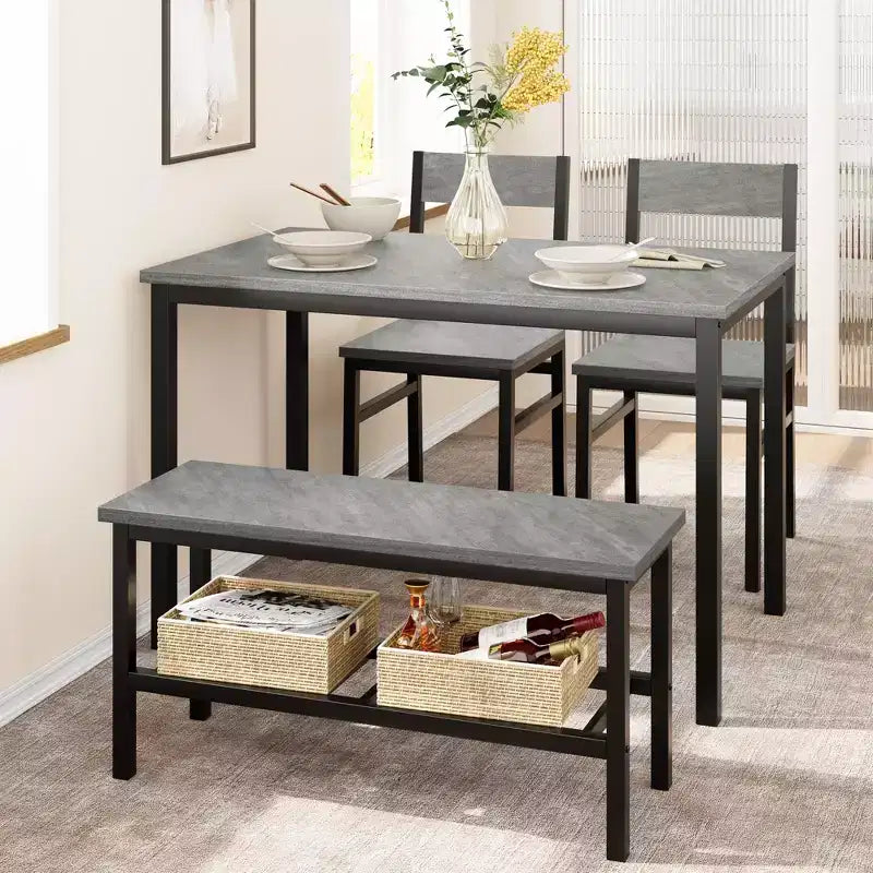 Dining Table and Chairs, Kitchen Table and 2 Chairs for 4 with Bench, Metal Frame Dining Room Gray