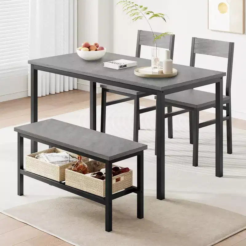 Dining Table and Chairs, Kitchen Table and 2 Chairs for 4 with Bench, Metal Frame Dining Room Gray