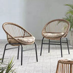 MAYEERTY Set of 2 Patio Boho Woven Rattan Outdoor Dining Chairs with Metal Frame & Water-Resistant Cushions