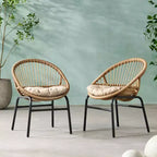 Patio Boho Woven Rattan Outdoor Dining Chairs with Metal Frame & Water-Resistant Cushions