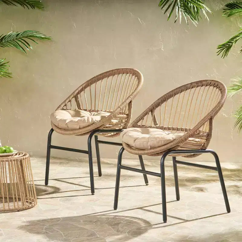 Patio Boho Woven Rattan Outdoor Dining Chairs with Metal Frame & Water-Resistant Cushions