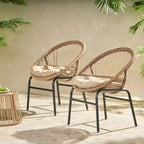 Patio Boho Woven Rattan Outdoor Dining Chairs with Metal Frame & Water-Resistant Cushions