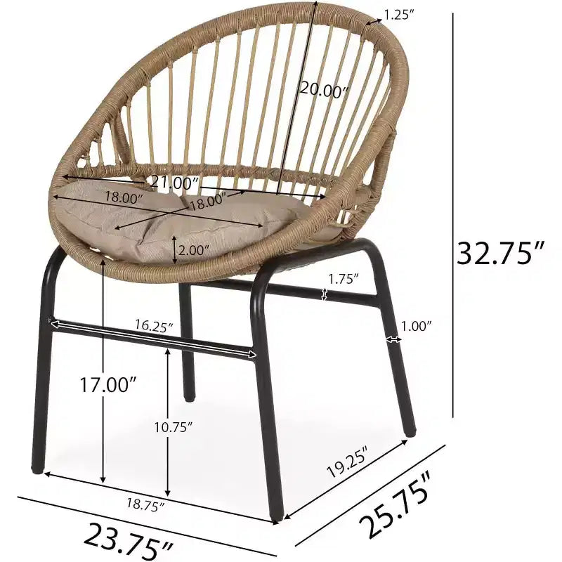 Patio Boho Woven Rattan Outdoor Dining Chairs with Metal Frame & Water-Resistant Cushions