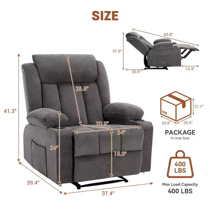 Oversized Recliner Chair with Massage and Heat - Manual Reclining Sofa with Cup Holders and Storage Pocket, Comfortable Overstuffed Deep Seat