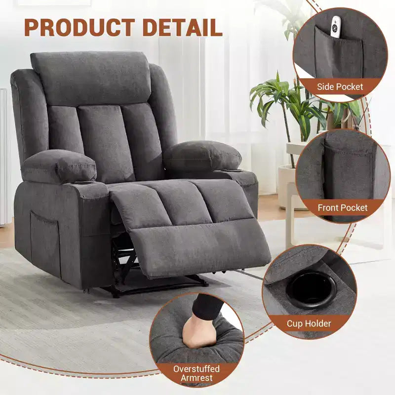 Oversized Recliner Chair with Massage and Heat - Manual Reclining Sofa with Cup Holders and Storage Pocket, Comfortable Overstuffed Deep Seat