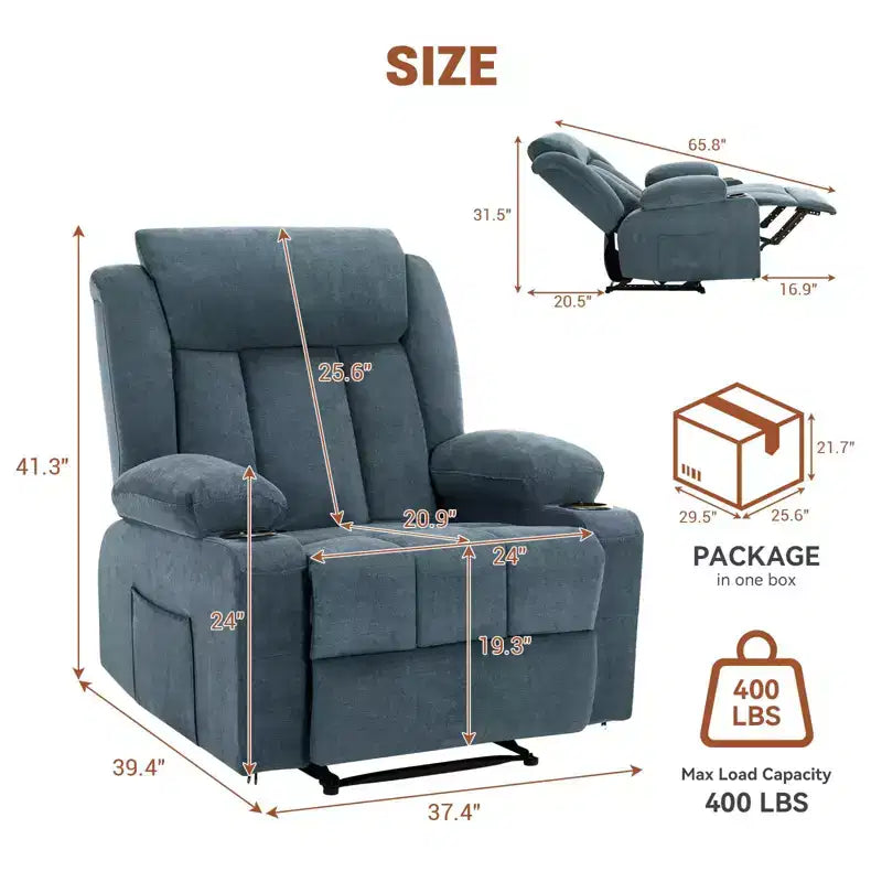 Oversized Recliner Chair with Massage and Heat - Manual Reclining Sofa with Cup Holders and Storage Pocket, Comfortable Overstuffed Deep Seat