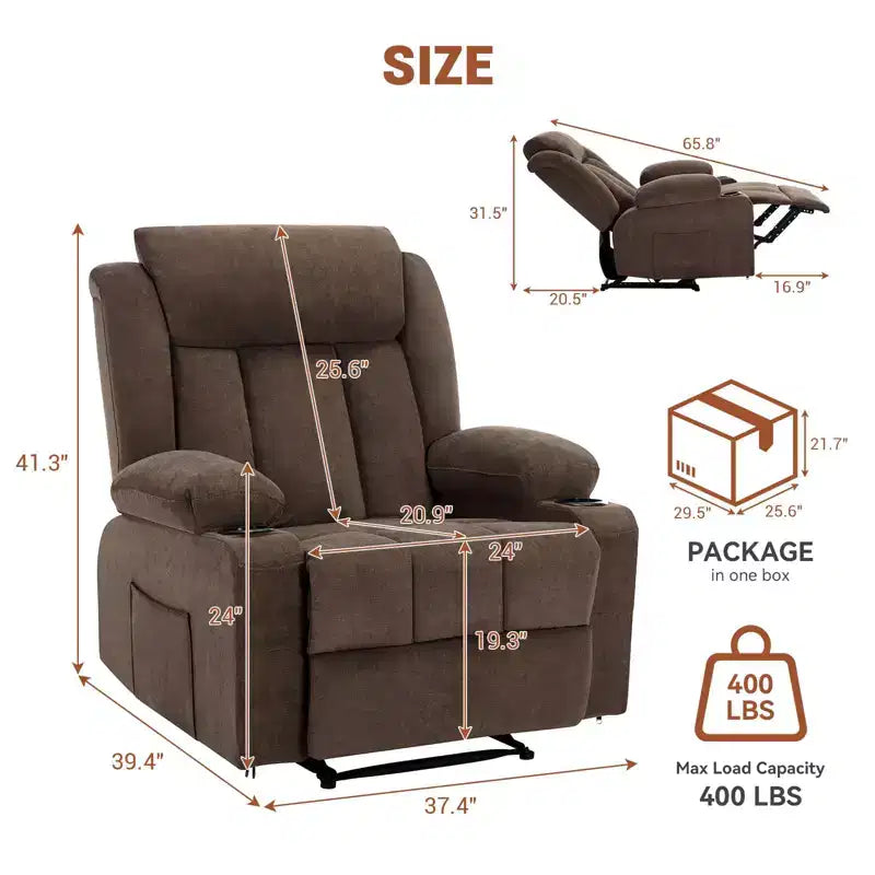 Oversized Recliner Chair with Massage and Heat - Manual Reclining Sofa with Cup Holders and Storage Pocket, Comfortable Overstuffed Deep Seat