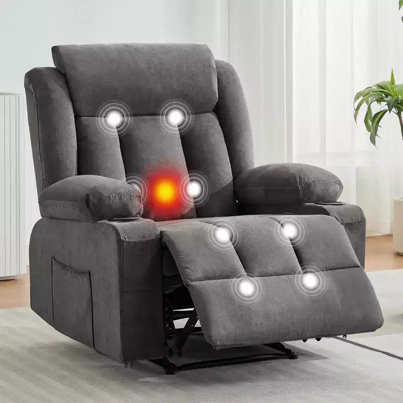 Oversized Recliner Chair with Massage and Heat - Manual Reclining Sofa with Cup Holders and Storage Pocket, Comfortable Overstuffed Deep Seat