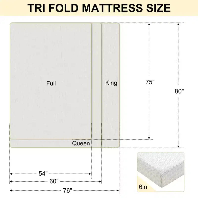 6 Thick Tri-Fold Memory Foam Mattress - Firm Support, Easy Fold with Storage Bag for Portable Guest Bed, Camping & Travel