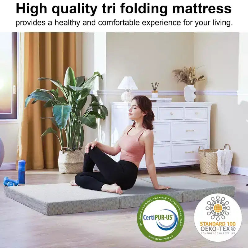 6 Thick Tri-Fold Memory Foam Mattress - Firm Support, Easy Fold with Storage Bag for Portable Guest Bed, Camping & Travel