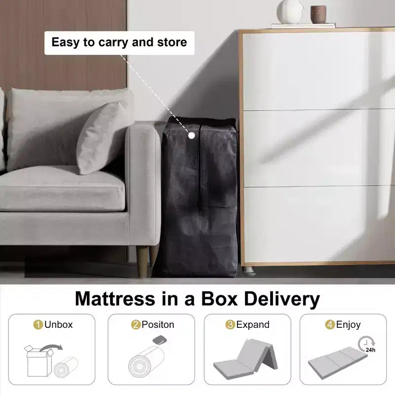 6 Thick Tri-Fold Memory Foam Mattress - Firm Support, Easy Fold with Storage Bag for Portable Guest Bed, Camping & Travel