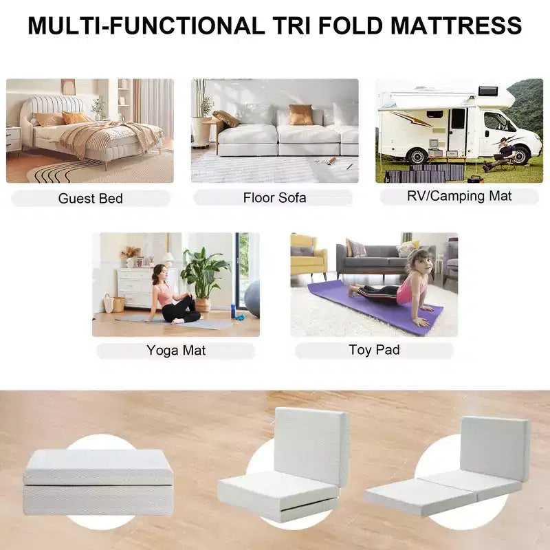 6 Thick Tri-Fold Memory Foam Mattress - Firm Support, Easy Fold with Storage Bag for Portable Guest Bed, Camping & Travel