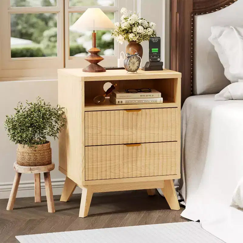 Modern Fluted Nightstand, Wood Bedside Table with USB Ports and Outlets, 2 Drawers and Open Shelf, Natural