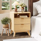 Modern Fluted Nightstand, Wood Bedside Table with USB Ports and Outlets, 2 Drawers and Open Shelf, Natural