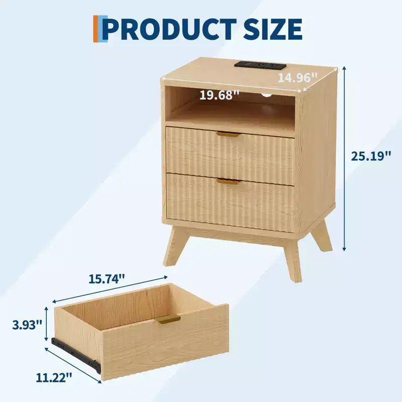 Modern Fluted Nightstand, Wood Bedside Table with USB Ports and Outlets, 2 Drawers and Open Shelf, Natural