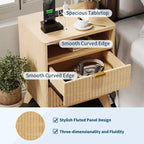 Modern Fluted Nightstand, Wood Bedside Table with USB Ports and Outlets, 2 Drawers and Open Shelf, Natural